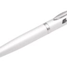 A silver ballpoint pen with a sleek design, featuring a metallic clip and a black logo that reads Electronics on the upper barrel. The pen is positioned diagonally on a white background.