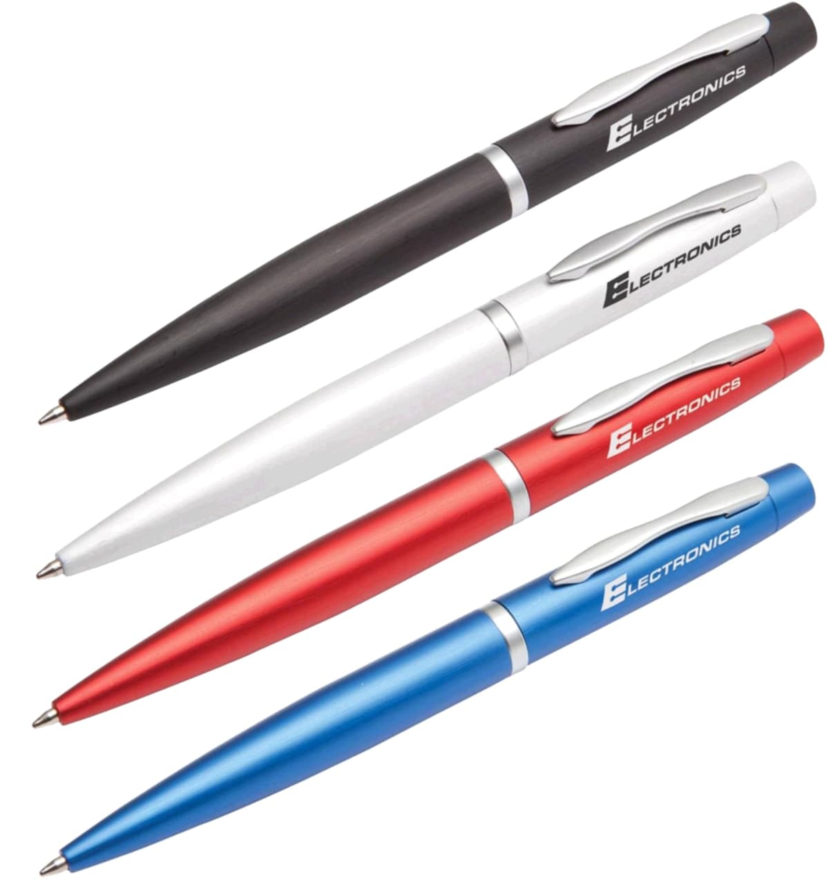 Four ballpoint pens in black, white, red, and blue, each featuring the word Electronics printed near the clip.