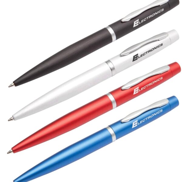 Four ballpoint pens arranged diagonally. They are black, white, red, and blue, each with silver accents and a clip. The word Electronics is printed on the side of each pen.