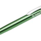 A green retractable ballpoint pen with Total Filters printed on the side in white. It has a silver clip and tip.