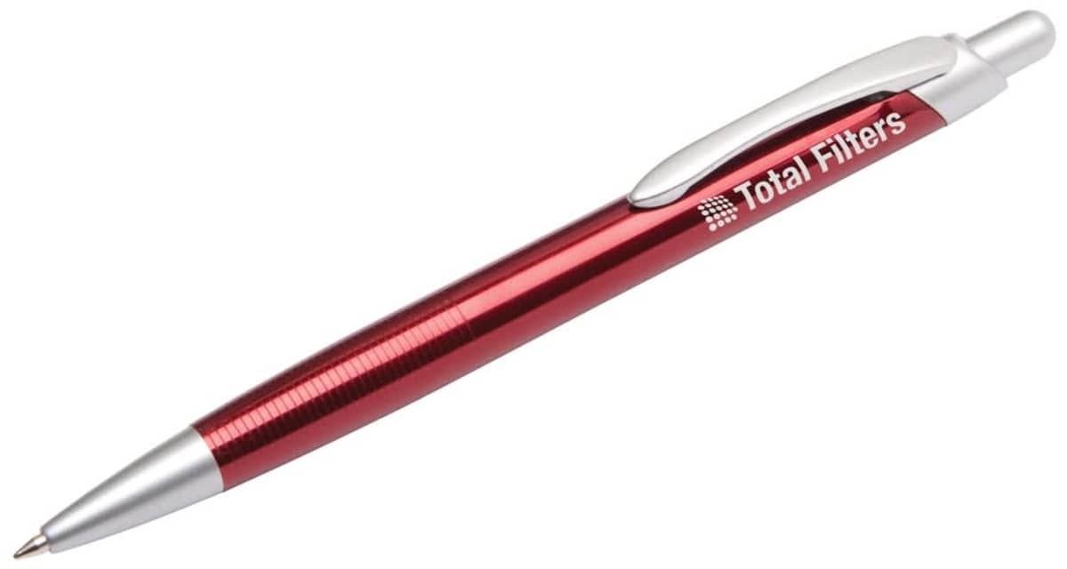 A sleek red ballpoint pen with silver accents and a clip, featuring the text Total Filters in white along its side.