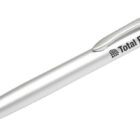 A silver ballpoint pen with a click mechanism and a clip. The pen has Total Filters printed on the side.