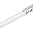 A white ballpoint pen with a silver tip and clip, featuring the text Total Filters in blue on the body. The pen is angled slightly, with the clip on the upper right side.
