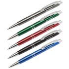 Five ballpoint pens are displayed diagonally. The pens have metallic finishes in black, green, red, and blue. Each pen has a silver clip with the word view engraved on it.