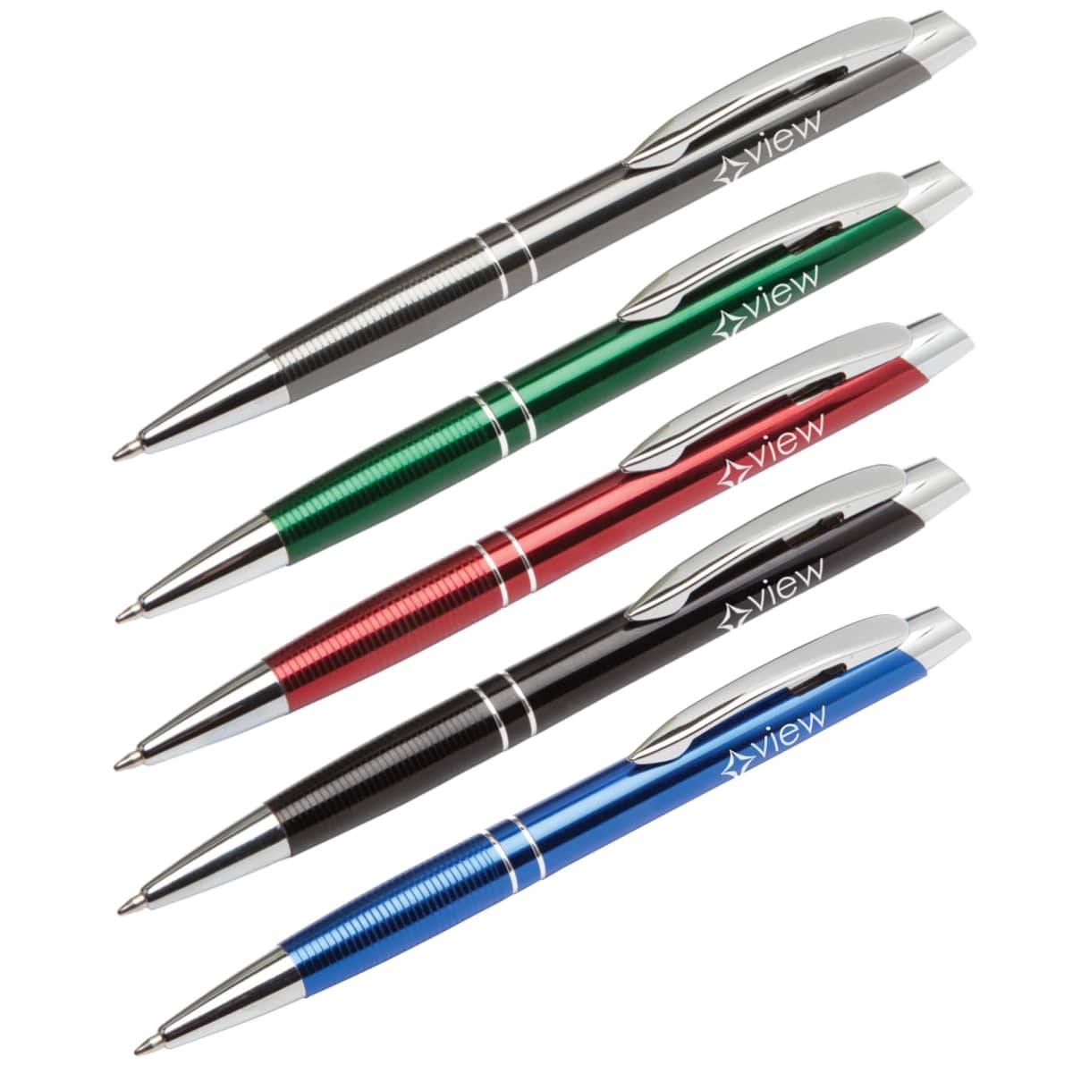 Five ballpoint pens are displayed diagonally. The pens have metallic finishes in black, green, red, and blue. Each pen has a silver clip with the word view engraved on it.