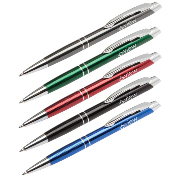 Five ballpoint pens are aligned diagonally. They are black, green, red, silver, and blue, each with silver clips and tips. The brand name view is printed on the clips.