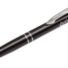 A black ballpoint pen with silver accents, including a clip and tip. The pen has the word view printed in white near the clip.