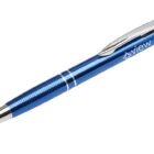 A blue and silver ballpoint pen with the logo View printed on the body. The pen has a chrome clip and tip, and features a ribbed grip for comfortable handling.