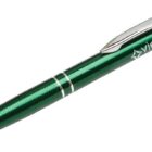 A green ballpoint pen with silver accents and a clip. The pen has a sleek design with the word view printed in white near the top.