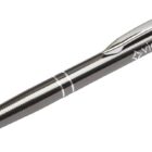 A sleek black ballpoint pen with a metallic finish and a silver clip. The word view is printed near the top in white letters. The pen is angled diagonally with the tip pointing to the bottom left.