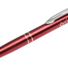 A metallic red ballpoint pen with silver accents and a clip, featuring the word view printed near the top.