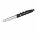 A black and silver pen with a clip, featuring the logo and text MM catering printed on the barrel.