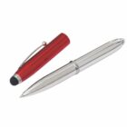A sleek silver ballpoint pen with a detachable red cap, placed beside the pen, featuring a black stylus tip on the caps end. The shiny metal finish reflects light, highlighting its elegant design.