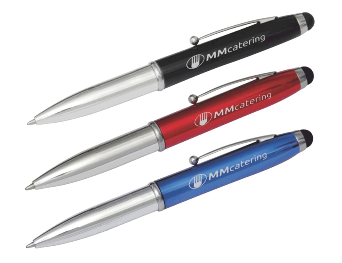 Three ballpoint pens with silver tips and clips are arranged horizontally. The pens are in black, red, and blue, each displaying the logo MM catering. The pen ends have a stylus tip for touchscreen use.