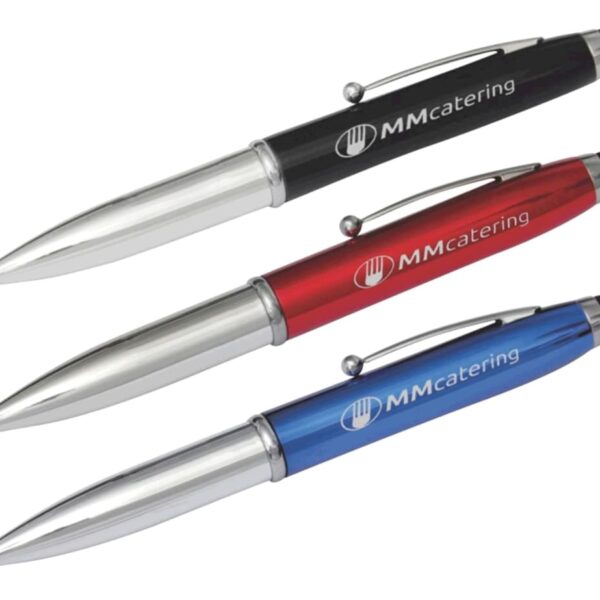 Three ballpoint pens with MM catering logo. The pens are silver with black, red, and blue accents, featuring a stylus tip on the opposite end.