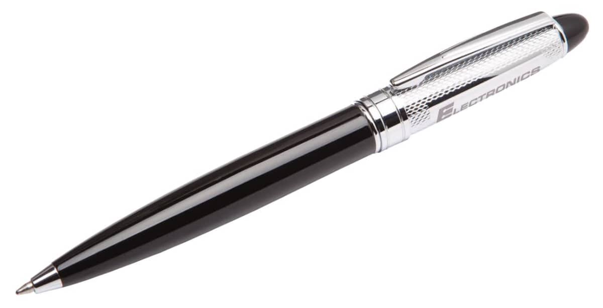 A sleek black and silver pen with a metallic clip and engraved texture on the upper part. The word ELECTRONICS is visible on the silver section.