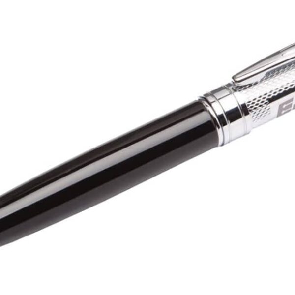 A black and silver ballpoint pen with a shiny clip and textured grip is positioned diagonally. The word Electronics is printed on the barrel in a sleek font. The pen tip is extended, ready for writing.