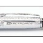 Close-up of a metallic pen with a textured grip and black top. The word Electronics is engraved on the barrel.