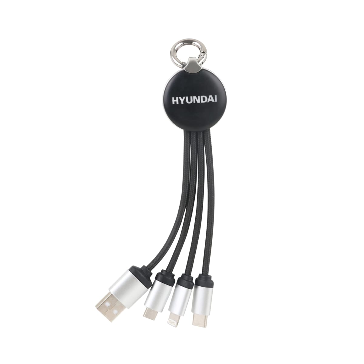 A multi-connector keychain charger with the word Hyundai on it. It has four different connectors: USB-A, micro USB, USB-C, and Lightning, all attached to a black circular hub with a keyring.