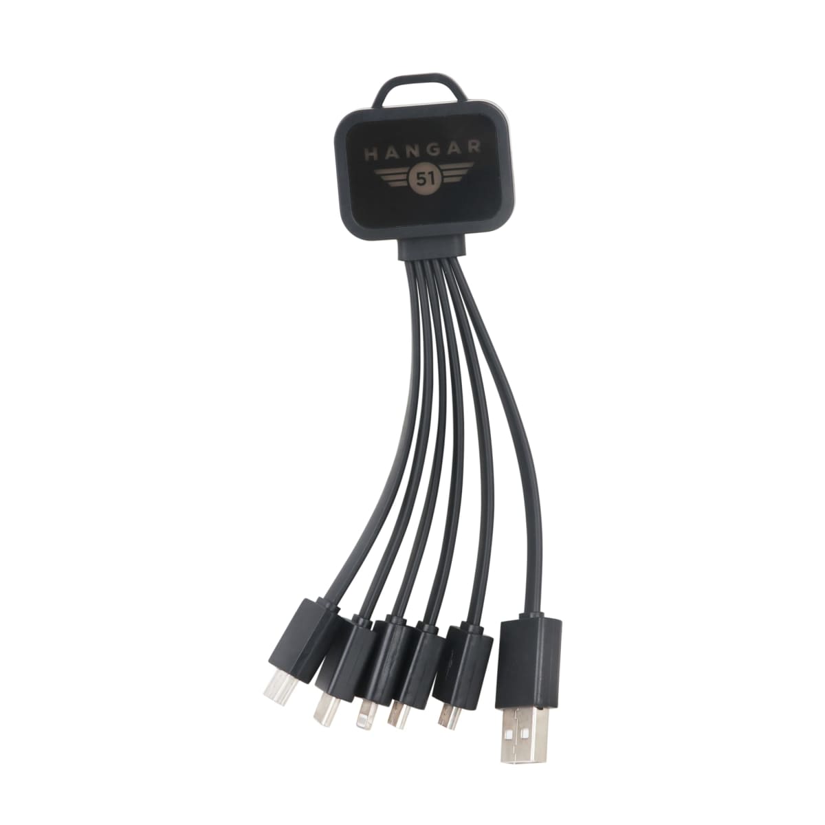 A multi-connector charging cable featuring a USB on one end and multiple connectors on the other, labeled Hangar 51. The connectors include various types commonly used for smartphones and devices. The cables are black.