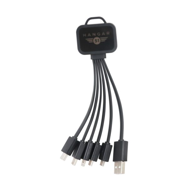 Multi-connector charging cable with six different connectors including USB, Micro USB, and Lightning, all stemming from a central hub with Hangar 51 branding. Suitable for various devices.