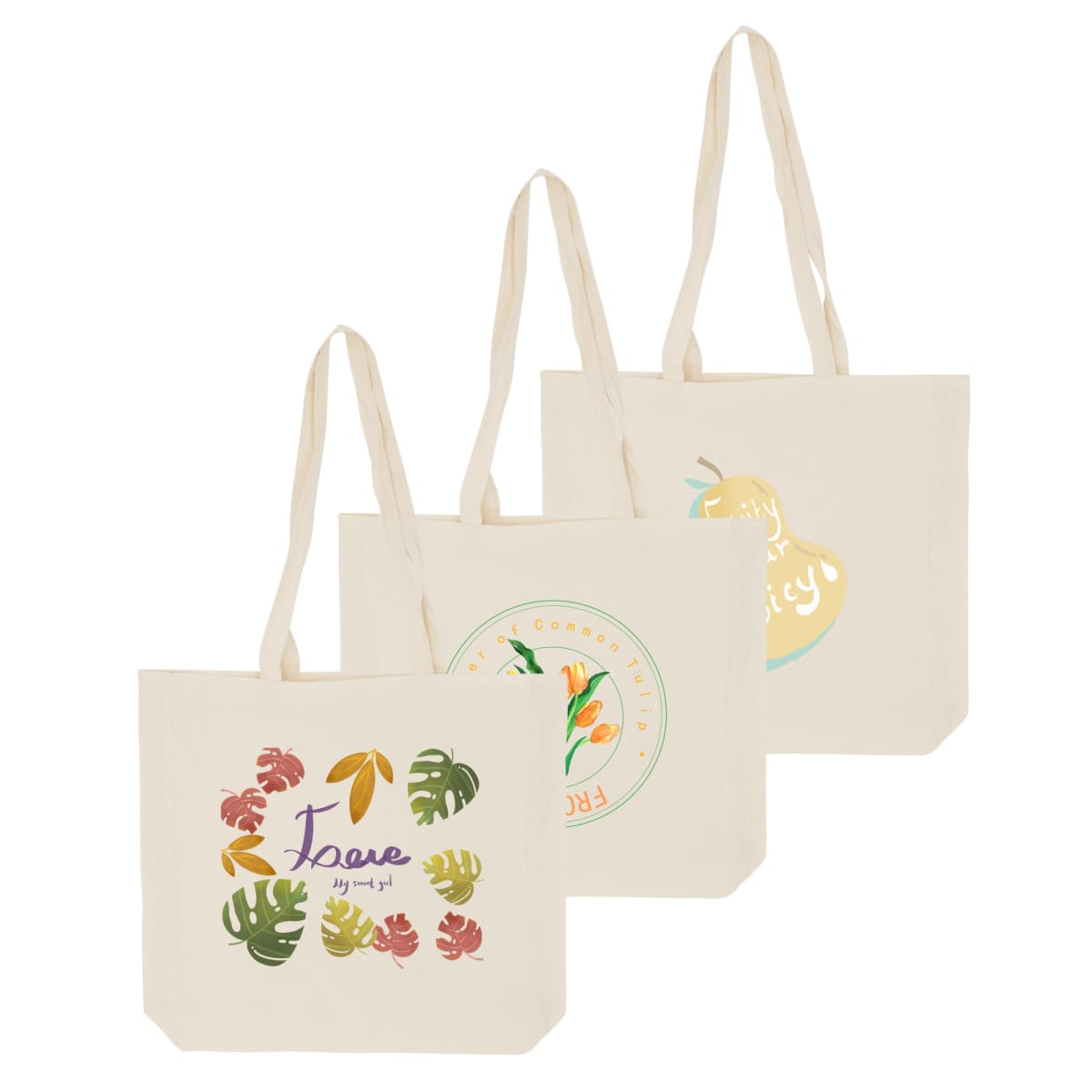 Three beige tote bags, each with unique colorful designs. The first features tropical leaves and Love text, the second displays fruits with Peachy & Juicy, and the third shows vegetables under Fresh circular text.