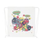 A white drawstring bag with a colorful design featuring the words Young Life and Sugar Berry. The artwork includes cartoon-like graphics with stars and bursts, predominantly in green, yellow, red, and black.