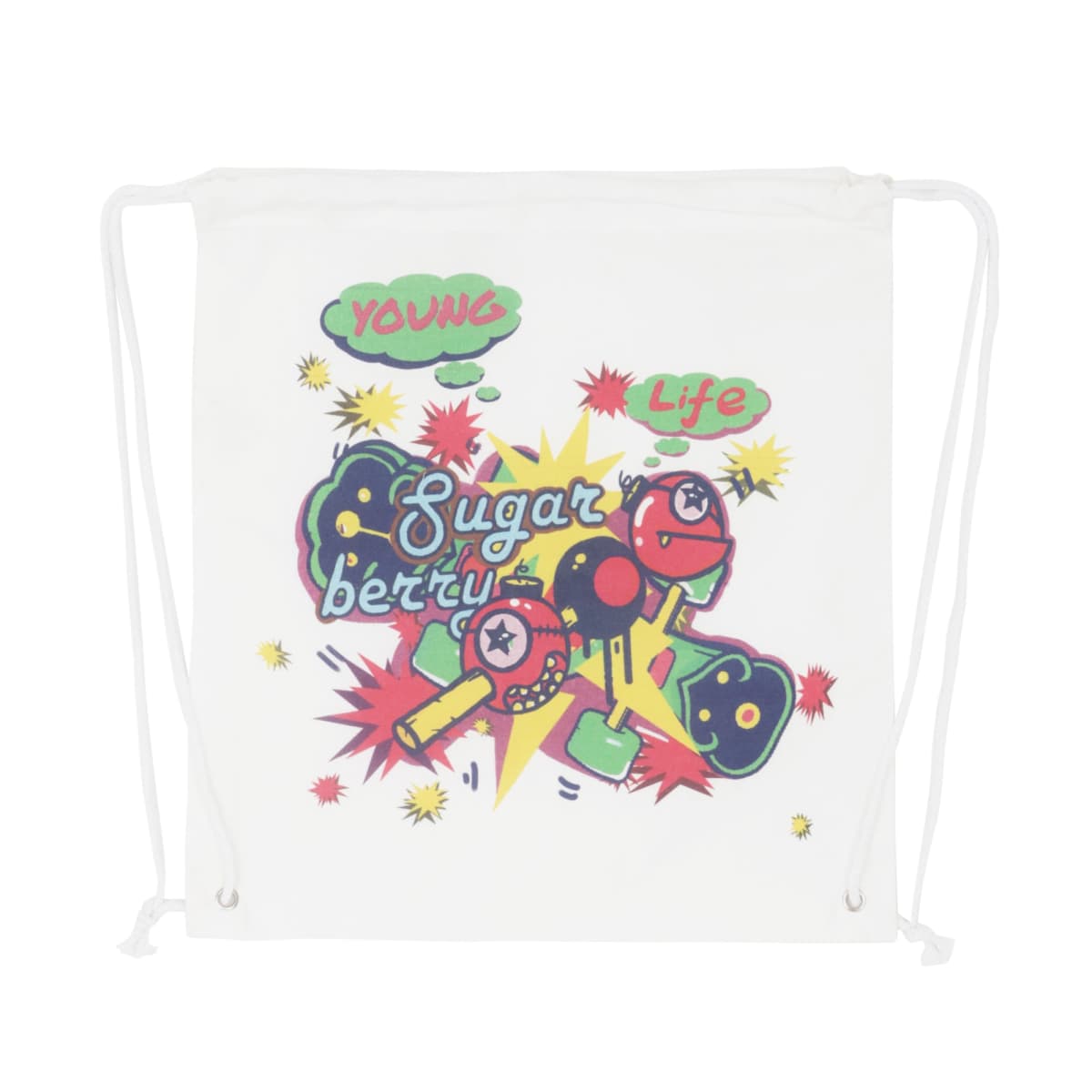 A white drawstring bag with a colorful design featuring the words Young Life and Sugar Berry. The artwork includes cartoon-like graphics with stars and bursts, predominantly in green, yellow, red, and black.