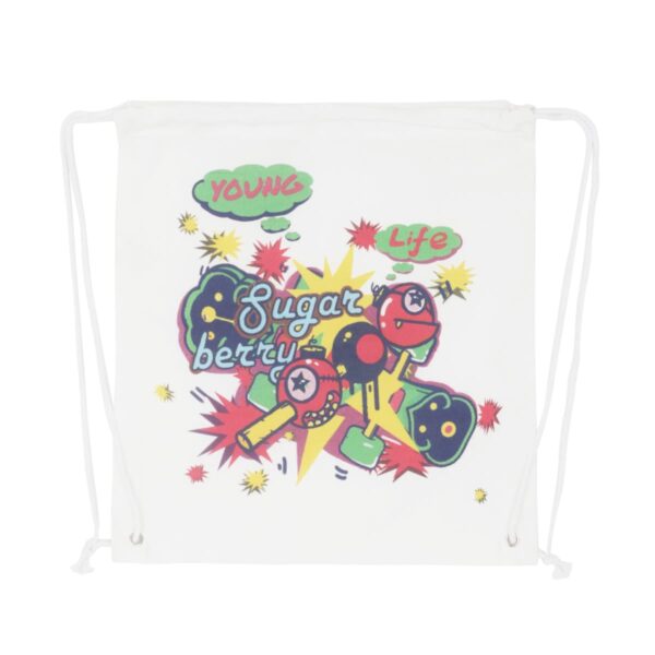 White drawstring bag with colorful, cartoon-style design. The front features illustrations of berries, stars, and bubbles with text that reads Young Life and Sugar Berry in playful fonts.