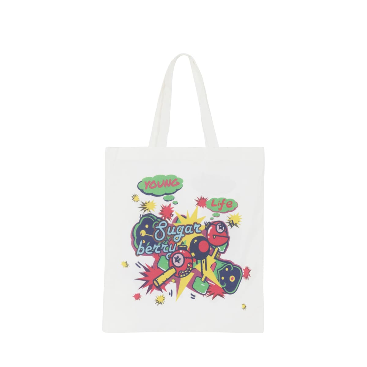 White tote bag featuring colorful graffiti-style artwork with the text Young Life and sugar beetle amidst cartoon motifs. The design includes comic-style explosions and vibrant characters on the front.