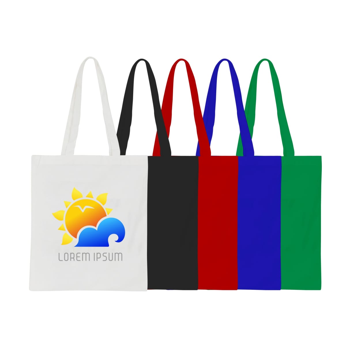 Five tote bags in a row, each with a different color handle: white, black, red, blue, and green. The white bag features a sun and wave logo with the text Lorem Ipsum.