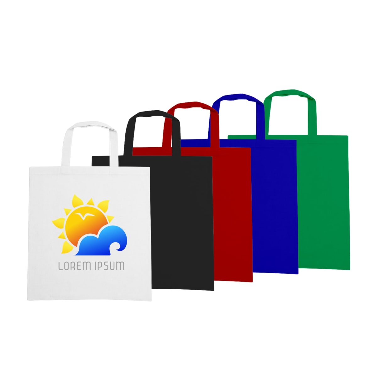 A row of five tote bags in different colors: white, black, red, blue, and green. The white bag in the front features a colorful logo of a sun and cloud with the text Lorem Ipsum.