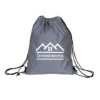 Gray drawstring bag with a white logo featuring a house outline and the word Investments below it. The bag has black cords for straps.