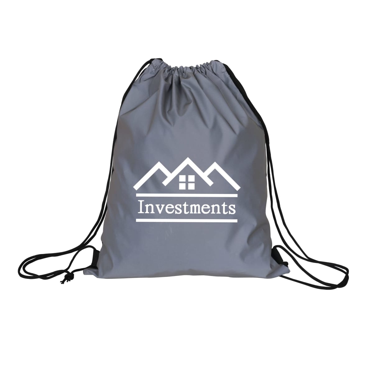 Gray drawstring bag with a white logo featuring a house outline and the word Investments below it. The bag has black cords for straps.