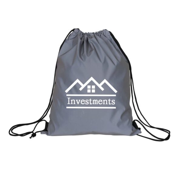 Gray drawstring bag with a white logo of a house and the word Investments printed beneath. The bags strings are black.