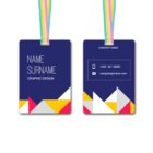 Graphic design ID badges with a colorful geometric pattern. The front shows Name, Surname, Graphic Design on a blue background. The back features contact details: phone, email, and company name, with a similar design and a rainbow lanyard.