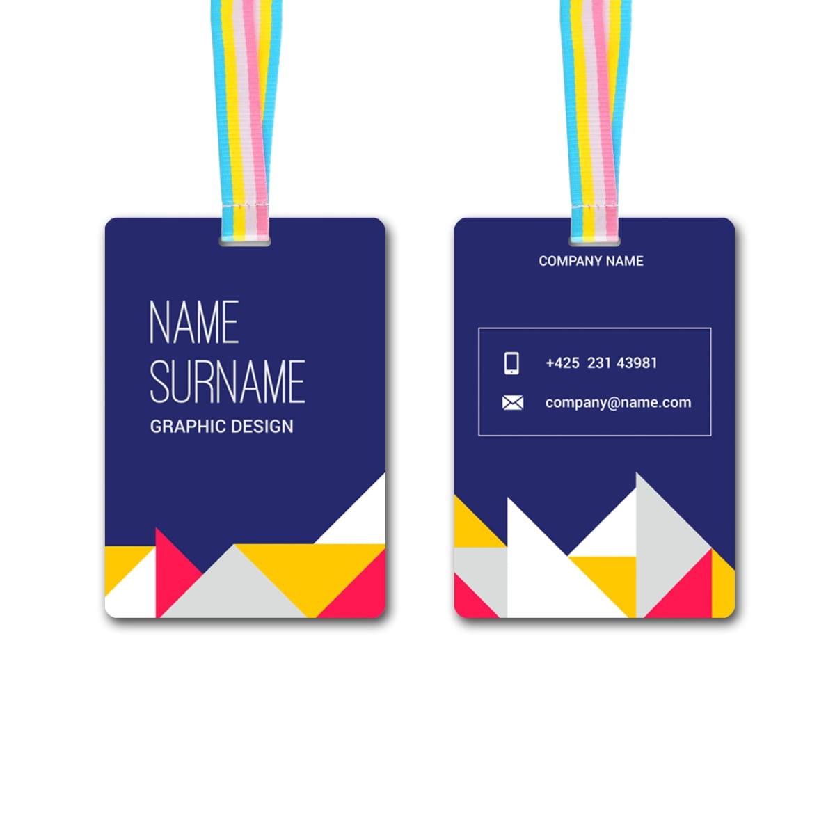 Graphic design ID badges with a colorful geometric pattern. The front shows Name, Surname, Graphic Design on a blue background. The back features contact details: phone, email, and company name, with a similar design and a rainbow lanyard.