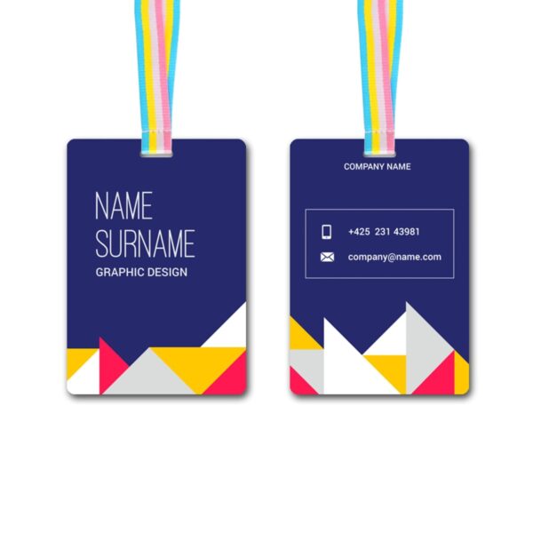 Two ID cards with colorful geometric designs and rainbow lanyards. One card shows text for name, surname, and graphic design title. The other displays company name, phone number, email, and similar geometric patterns.