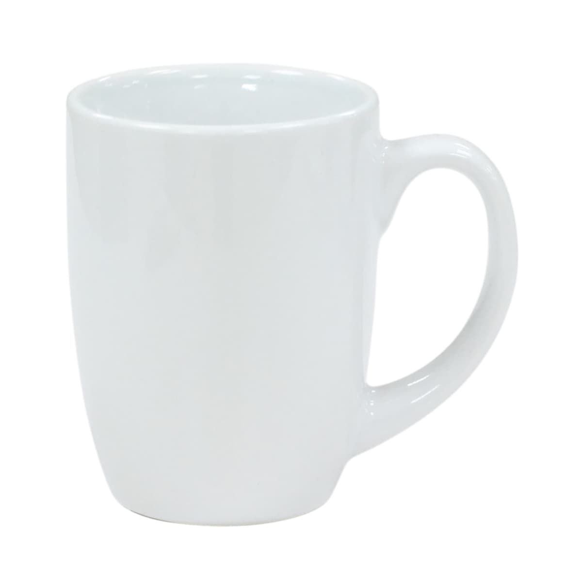 A plain white ceramic mug with a curved handle is shown against a white background. The minimalist design and smooth surface give it a simple and classic appearance.