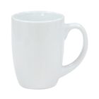 A plain white ceramic mug with a curved handle is set against a white background. The mug has a simple, glossy finish and a traditional shape suitable for hot beverages.