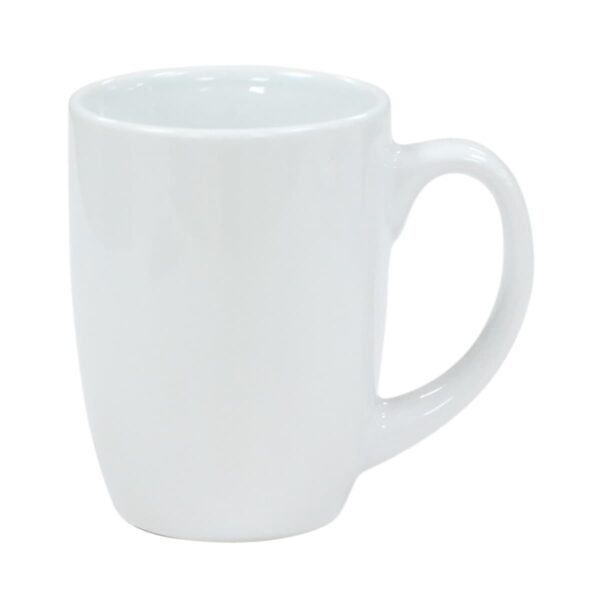 A plain white ceramic mug with a curved handle is set against a white background. The mug has a simple, glossy finish and a traditional shape suitable for hot beverages.