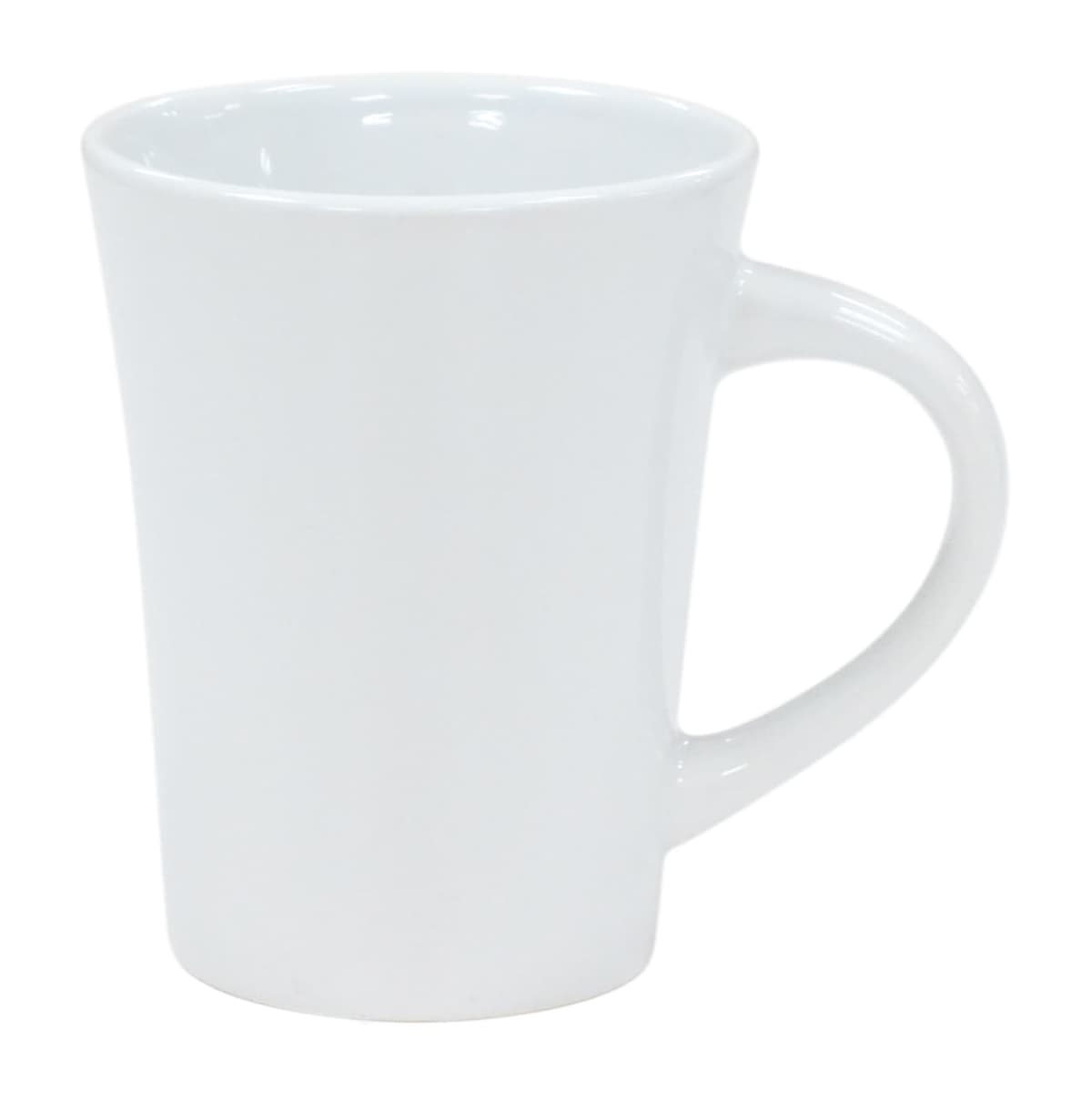 A plain white ceramic coffee mug with a smooth finish and a curved handle on the right side, set against a white background.