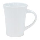 A plain, tall white ceramic mug with a curved handle, isolated on a white background.