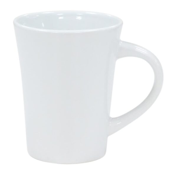 A plain, tall white ceramic mug with a curved handle, isolated on a white background.