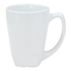 A white ceramic mug with a slightly flared top and a large, rounded handle, set against a plain white background.