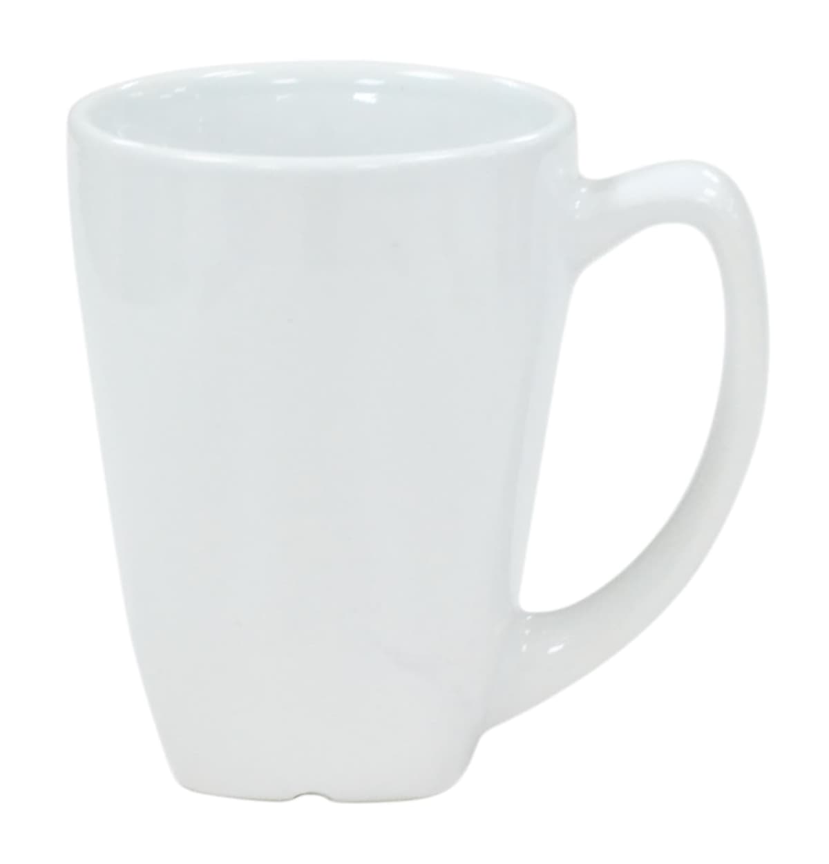 A white ceramic mug with a slightly flared top and a large, rounded handle, set against a plain white background.
