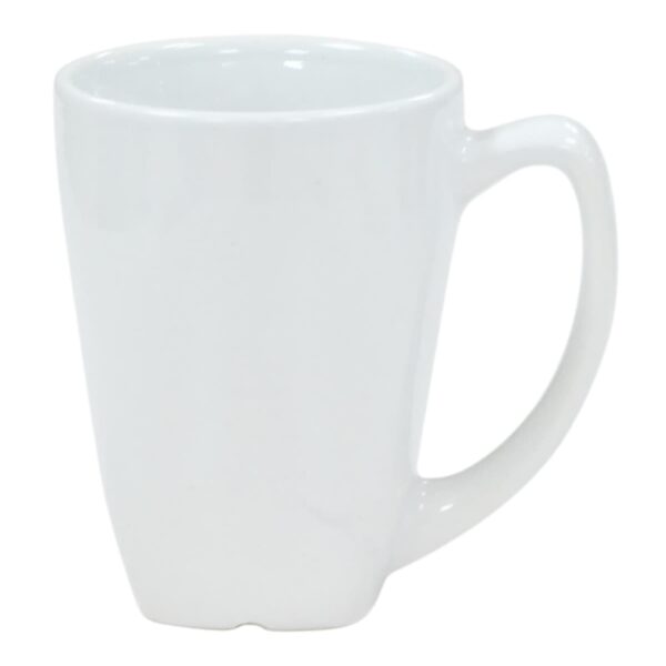 A plain white ceramic mug with a large handle, displayed against a white background. The mug has a slightly tapered shape with a smooth surface.