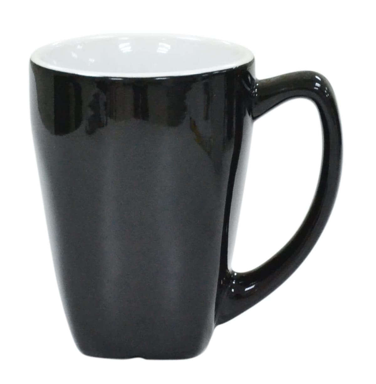 A black ceramic mug with a glossy finish and a white interior is shown against a white background. The mug has a slightly tapered design and a single handle.