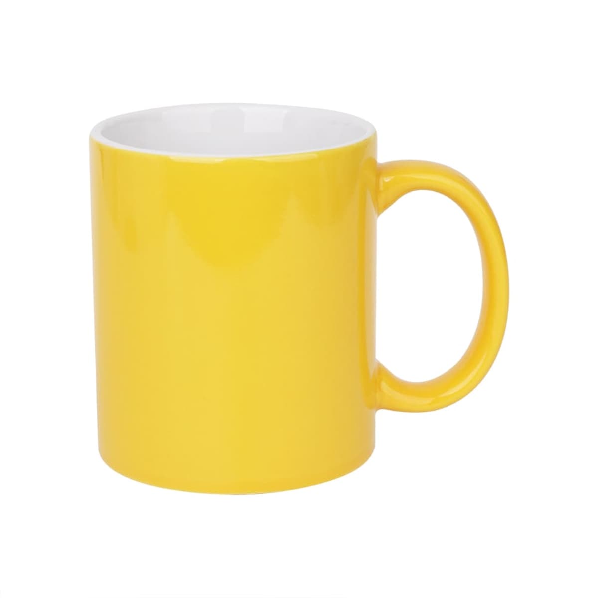 A bright yellow ceramic mug with a large handle resting on a white background. The mugs interior is white, contrasting with its vibrant exterior.