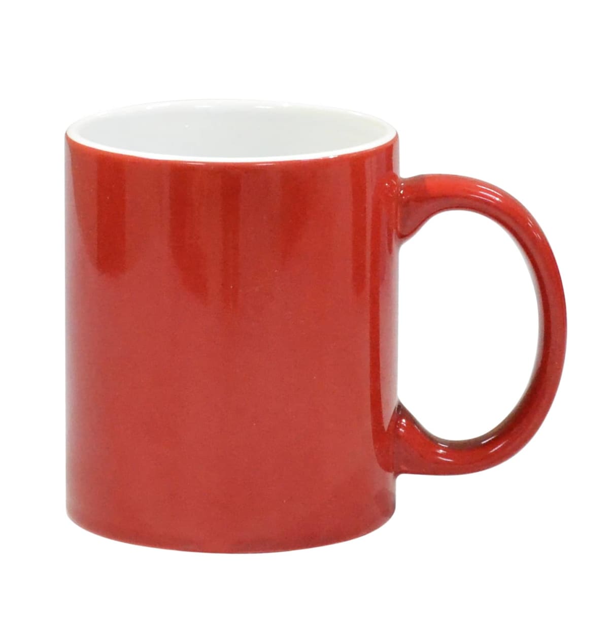 A plain red ceramic mug with a glossy finish, featuring a C-shaped handle, is shown against a white background. The inside of the mug is white.